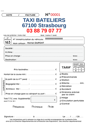 Carnet de 50 Factures pour taxi, à personnaliser (couleur). Tarifs J/N - dim/férié - zone ABCD